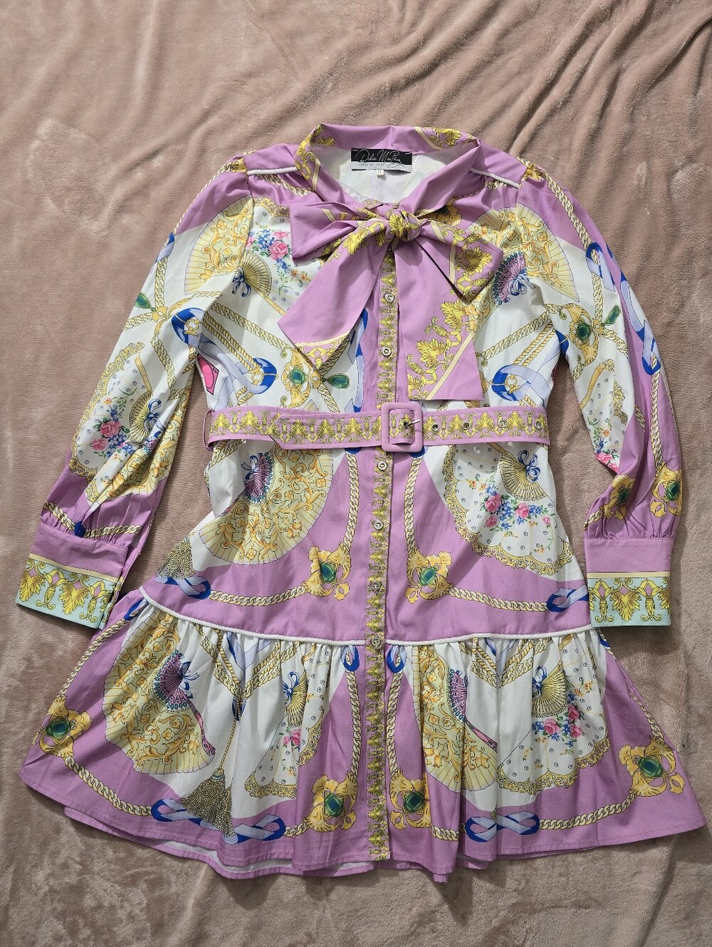 DALIA MACPHEE Elegant Dress lavender multi-print long-sleeve mini dress Small